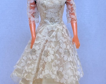 Barbie Wedding Bridal clone satin and lace dress with 3/4 sleeves in Cream/Ivory and silver flower accents. Untagged. (Doll not included.)