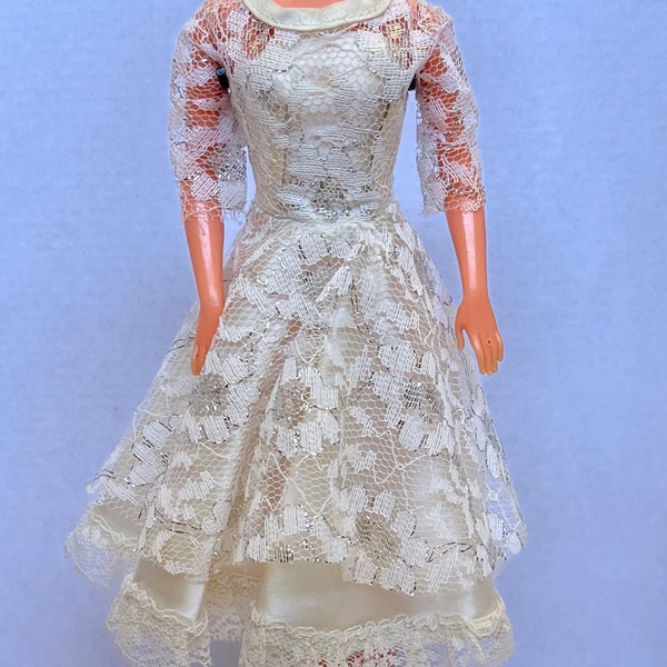 Barbie Wedding Bridal clone satin and lace dress with 3/4 sleeves in Cream/Ivory and silver flower accents. Untagged. (Doll not included.)
