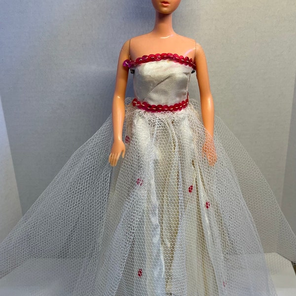 Cute! TLC Barbie clone (?) strapless ball gown with bright pink sequins and tulle overskirt. Untagged. (Doll not included.)