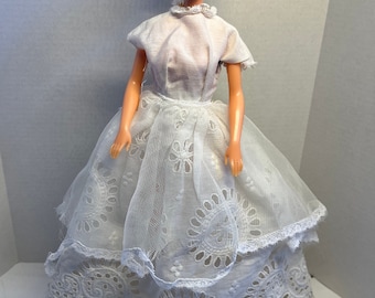 Barbie Wedding TLC unique cotton eyelet dress homemade (?) with short sleeves, gold bead trim, in cream/ivory. (Doll not included.)