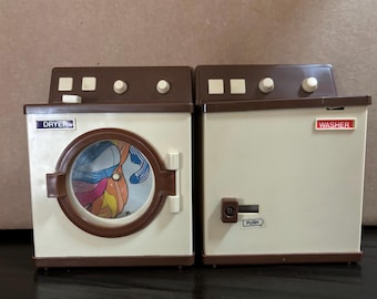 Arco brown + cream Washer & Dryer 12 in dolls. Made in Hong Kong 1980s. Works! As Is. VGUC, missing top loading door of washing machine.