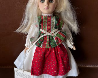 1987 11” Effanbee Blonde “Poland” Doll, Red and Green festive Dress