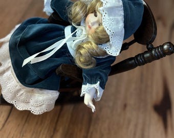 1970s Zasan Victorian Porcelain Doll on Musical Rocking Chair