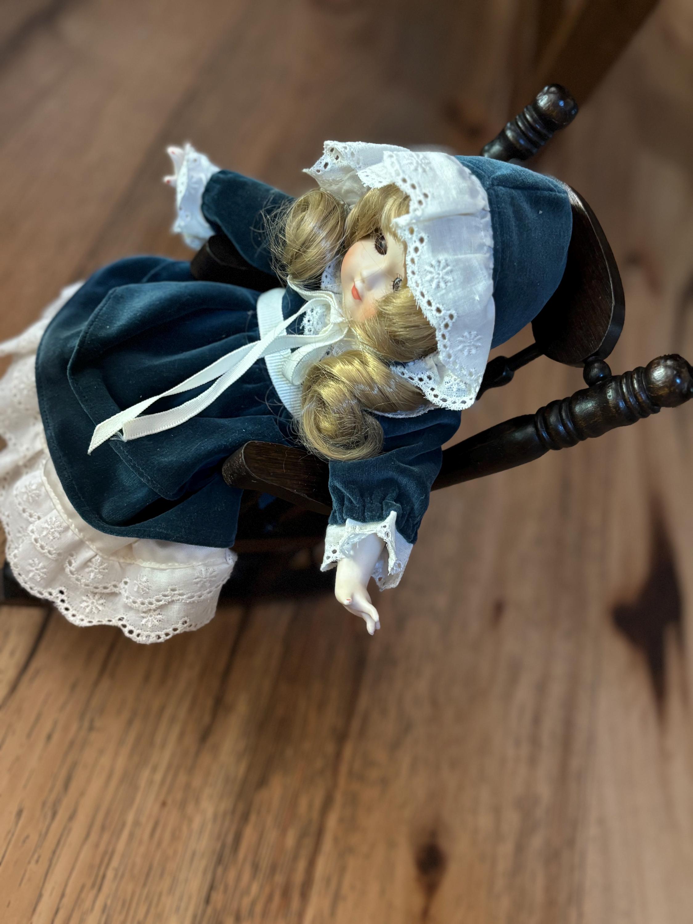 1970s Zasan Victorian Porcelain Doll on Musical Rocking Chair