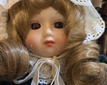 1970s Zasan Victorian Porcelain Doll on Musical Rocking Chair