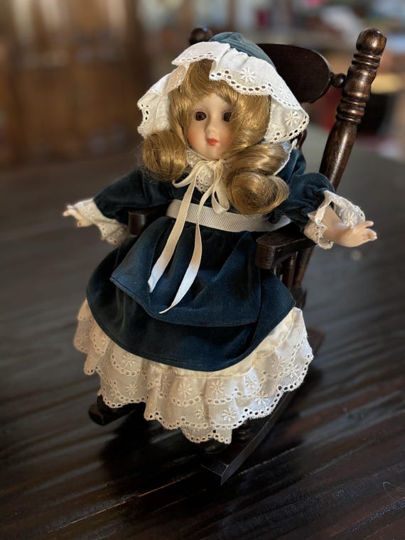1970s Zasan Victorian Porcelain Doll on Musical Rocking Chair