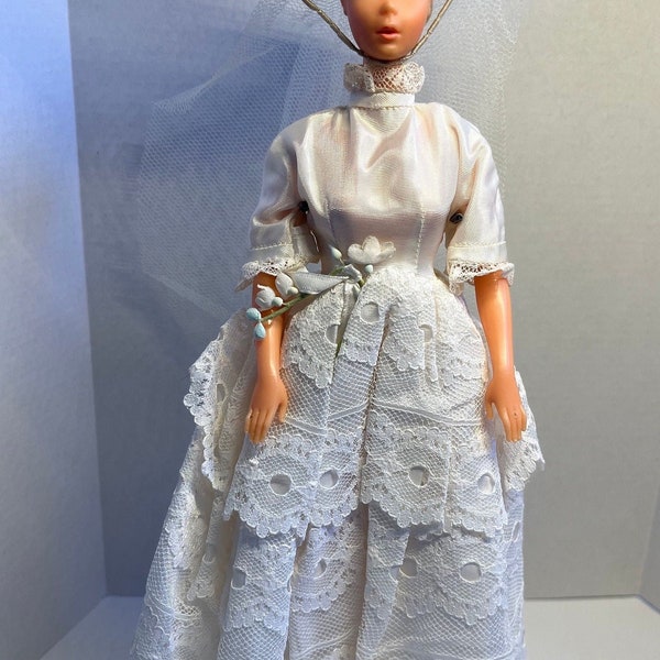 Barbie Wedding dress clone satin (?)  with 1/2 sleeves and lace overlay in Cream/Ivory. With bridal hat/veil. Untagged. (Doll not included.)