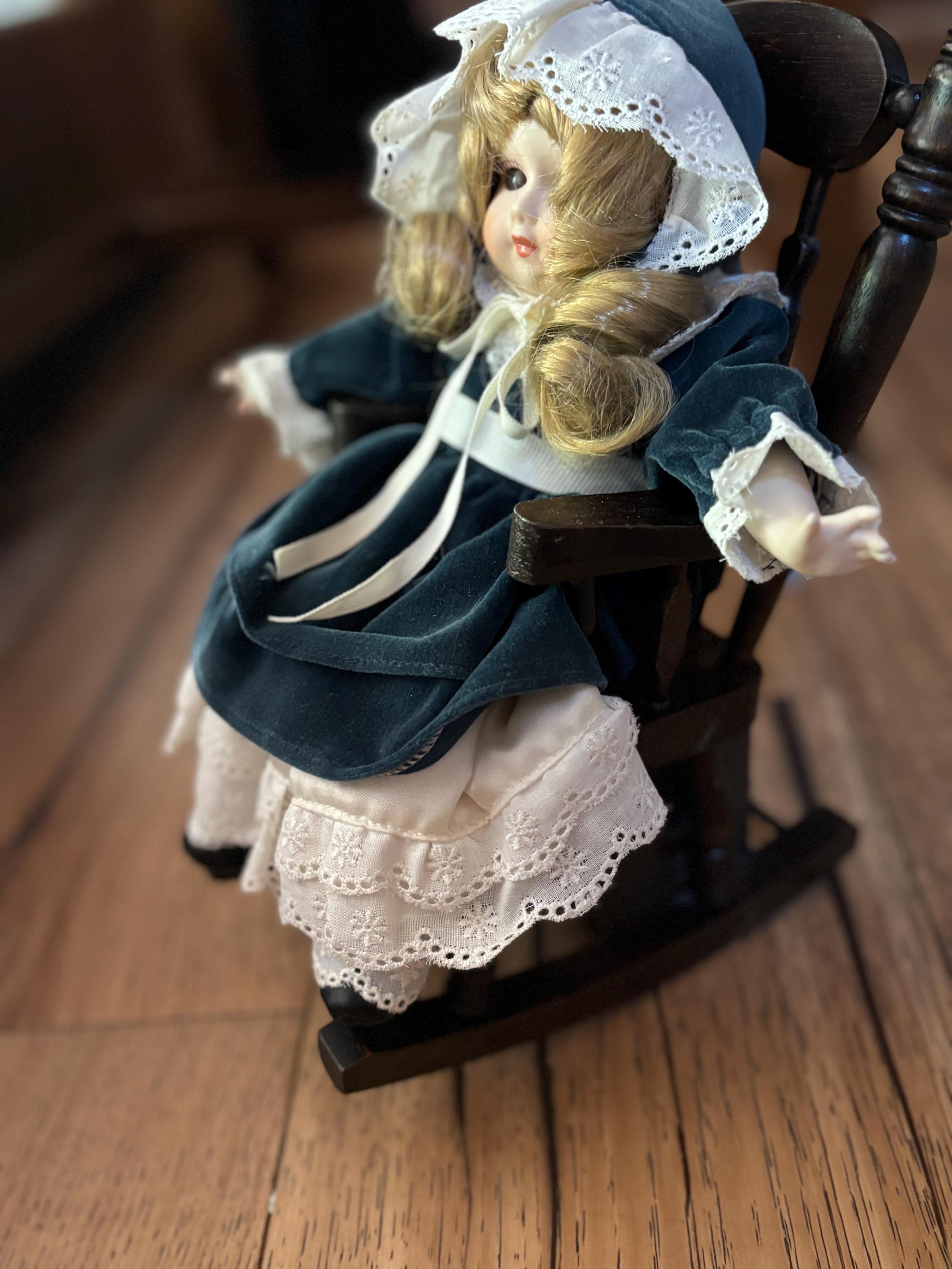 1970s Zasan Victorian Porcelain Doll on Musical Rocking Chair