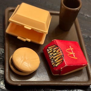 Barbie McDonald’s Meal Tray. Mini  meal with carton, fries, drink cup & 3 piece burger on brown tray. 7 pieces. VGUC. .