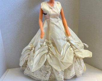 Barbie Wedding dress clone/homemade, sleeveless, gold bead accents, Cream/Ivory satin with bridal hat/veil, underskirt. (Doll not included.)