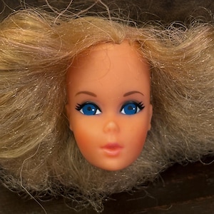 May include: A vintage doll head with blonde hair and blue eyes. The doll's face is painted with pink lips and black eyeliner. The hair is styled in a layered cut.