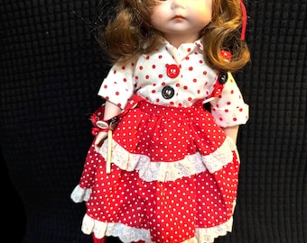 Marian Yu Porcelain Doll, Red Polka Dot Dress, 1989 Collectible, 14"