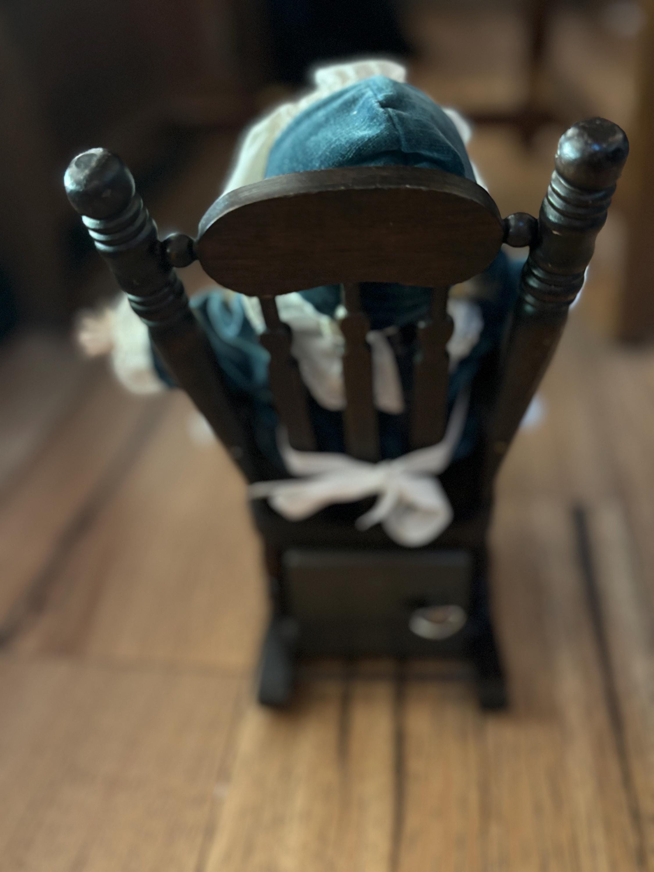 1970s Zasan Victorian Porcelain Doll on Musical Rocking Chair
