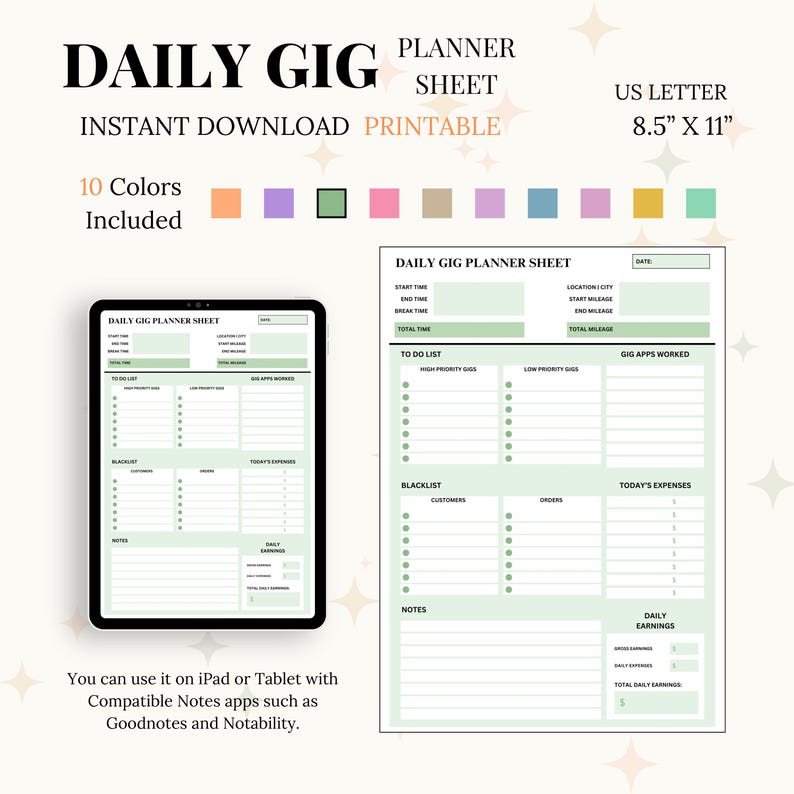 Daily Gig Planner Printable Sheet | Economy, Income & Expense Tracker ...