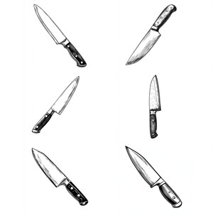 Può includere: Un set di dieci disegni in bianco e nero di diversi tipi di coltelli. I coltelli sono disegnati in uno stile realistico e sono tutti in varie posizioni.