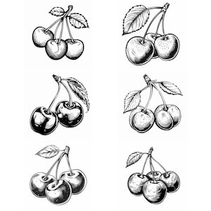 May include: A set of twelve black and white illustrations of cherries. Each illustration features two cherries with stems and leaves.