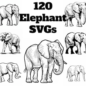 May include: A collection of 120 black and white line art illustrations of elephants in various poses. The illustrations are simple and elegant, and would be perfect for use in a variety of projects.