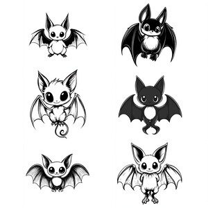 May include: A collection of twelve cartoon bat illustrations in black and white. Each bat has large eyes and wings, with varying poses and expressions. The bats are designed in a cute, stylized manner.