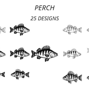 以下が含まれることがあります： 様々なデザインの、白黒のパーチの魚のイラスト。画像には「PERCH」と「25 DESIGNS」という文字が含まれています。魚は詳細な線で描かれており、鱗やひれが表現されています。
