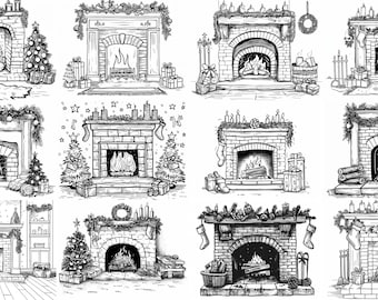Puede incluir: Una colección de diez ilustraciones dibujadas a mano de chimeneas decoradas para Navidad. Cada chimenea tiene un exterior de ladrillo, una repisa y un fuego crepitante. Algunas chimeneas están adornadas con calcetines, coronas, guirnaldas y velas.