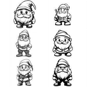 May include: A set of ten black and white illustrations of gnomes with different expressions and accessories. The gnomes are all wearing hats and have long beards.