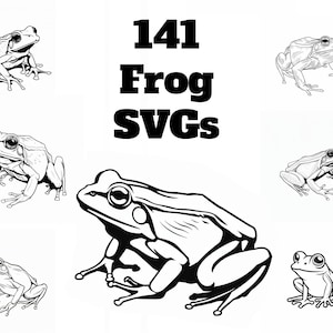 May include: A collection of 141 black and white frog SVGs. The frogs are in various poses, including sitting, jumping, and swimming. The SVGs are perfect for use in crafting, scrapbooking, and other creative projects.