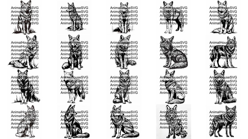 Pu&ograve; includere: Un set di 20 illustrazioni digitali in bianco e nero di un coyote in varie pose. Le illustrazioni sono in uno stile semplice, di linea.