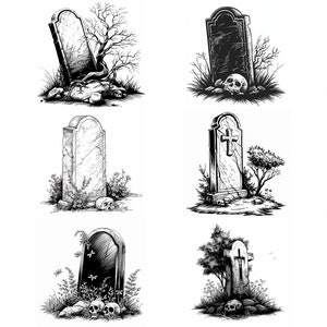Puede incluir: Una colección de 12 ilustraciones en blanco y negro de lápidas con varios diseños, incluyendo cruces, calaveras y follaje.