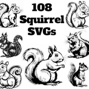 May include: A collection of 108 black and white squirrel illustrations in SVG format. The squirrels are depicted in various poses, including sitting, standing, and running.
