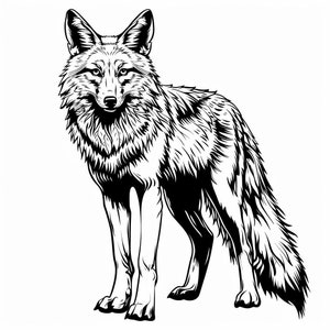 Pu&ograve; includere: Un disegno in bianco e nero di un coyote in piedi con la coda arrotolata dietro le zampe. Il coyote &egrave; rivolto in avanti con la testa leggermente inclinata di lato.
