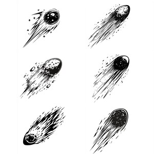May include: A set of twelve black and white illustrations of comets with different shapes and trails. The comets are drawn in a vintage style.