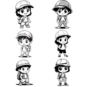 Puede incluir: Un conjunto de diez ilustraciones en blanco y negro de niños que llevan sombreros y mochilas. Los niños sonríen y parecen estar en una aventura.