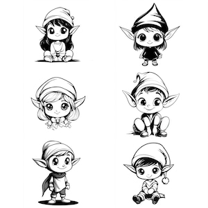 Puede incluir: Un conjunto de doce ilustraciones en blanco y negro de elfos que llevan diferentes sombreros y atuendos. Los elfos están todos sentados o de pie en diferentes poses.