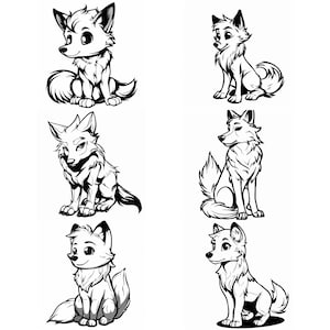 May include: A set of 12 black and white line drawings of cartoon wolves in various poses. The wolves are all sitting down and have fluffy tails.