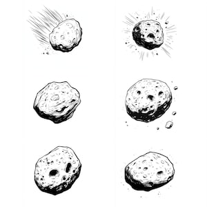 Puede incluir: Un conjunto de diez ilustraciones en blanco y negro de asteroides en varias posiciones, algunas con un rastro de polvo detrás de ellas.