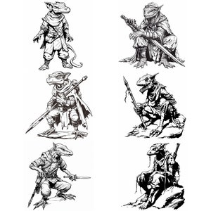 May include: A collection of black and white line drawings of lizard-like humanoid figures in various poses. Some figures are holding weapons, while others are wearing cloaks or armor.