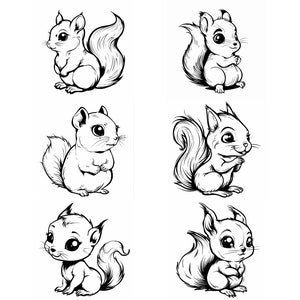 May include: A set of twelve black and white line drawings of cute cartoon squirrels. Each squirrel is depicted in a different pose, with some holding nuts or sitting on branches.