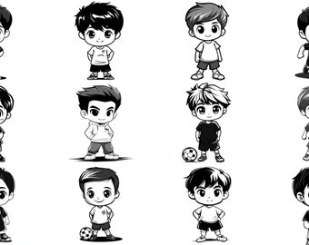 May include: A set of 10 black and white illustrations of boys playing soccer. The boys are drawn in a cartoon style and are wearing different soccer uniforms.
