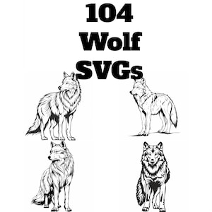 Pode incluir: Uma coleção de 104 imagens vetoriais de lobos em preto e branco. Os lobos estão em várias poses, incluindo em pé, sentados e uivando. As imagens são perfeitas para usar em projetos de artesanato, design digital e muito mais.