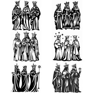 May include: Black and white illustration of three wise men, each wearing a crown and robe, carrying gifts. The men are depicted in various poses, with one holding a star, another holding a box, and the third holding a cup.