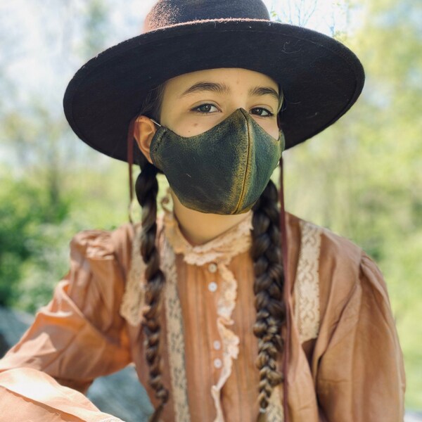 Dark brown aged leather western steampunk face mask