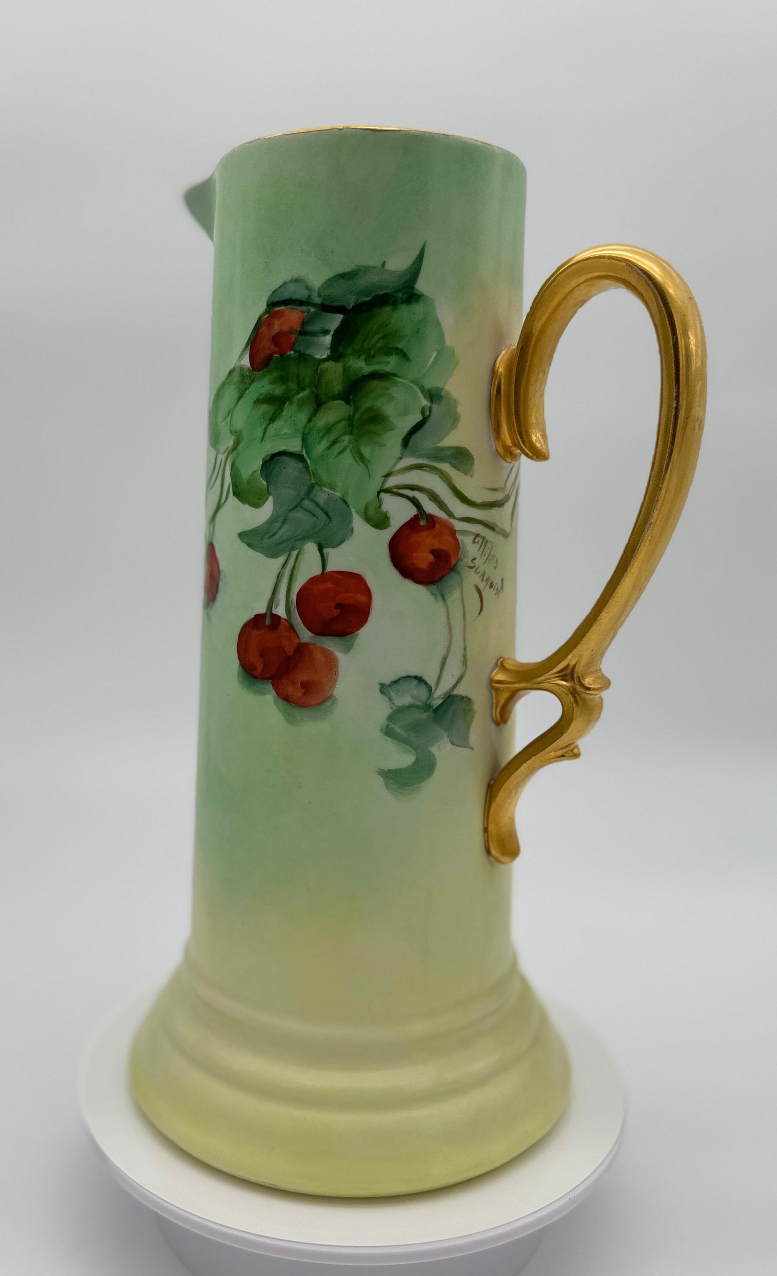 Rare Cherry Porcelain Tankard Handpainted by Limoges Artist C. Miles