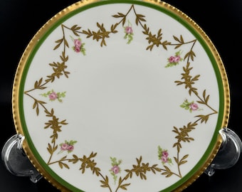 Antique Blakeman & Henderson Limoges Plate, Pink Roses, Gold Accents, Green Border (8.5" Diameter)