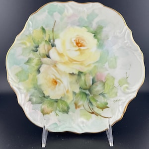 Gorgeous Yellow Roses Hand Painted Porcelain Plate Gold Trim –Signed Anne