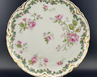 Antique Haviland Limoges Plate: Pink Rose Garland, Gold Trim