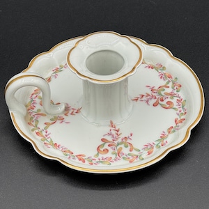 Haviland Limoges France Porcelain Floral Chamberstick Candle Holder - Gold Trim