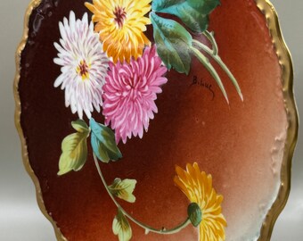 B. Luc Limoges Hand-Painted Floral Porcelain Plate, Gold Gilded Edges, Burgundy Peach Background