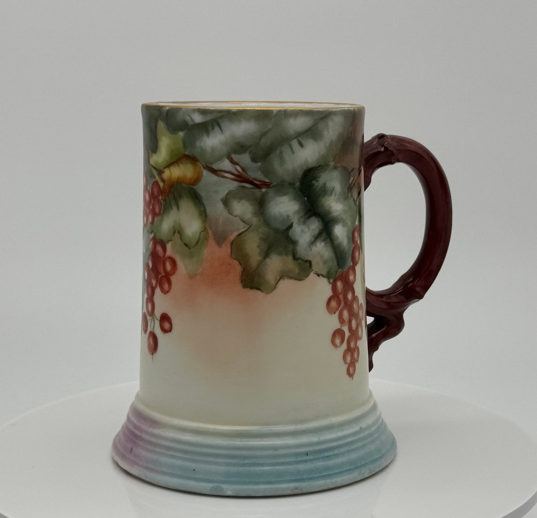 Rare J.P. Limoges France Handpainted Porcelain Mug With Berry & Leaf