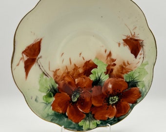 Rare Limoges France Hand-Painted Plate with Red Poppy Design and Gold Rim