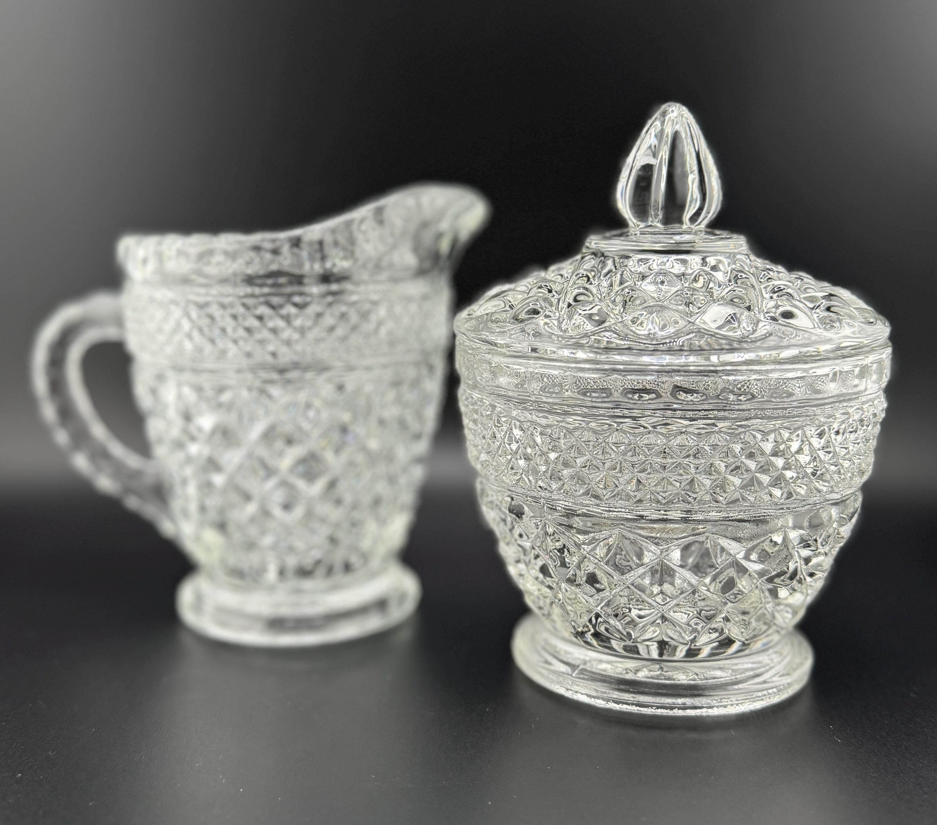 Vintage Diamond-cut Clear Glass Creamer & Lidded Sugar Bowl Set - Etsy